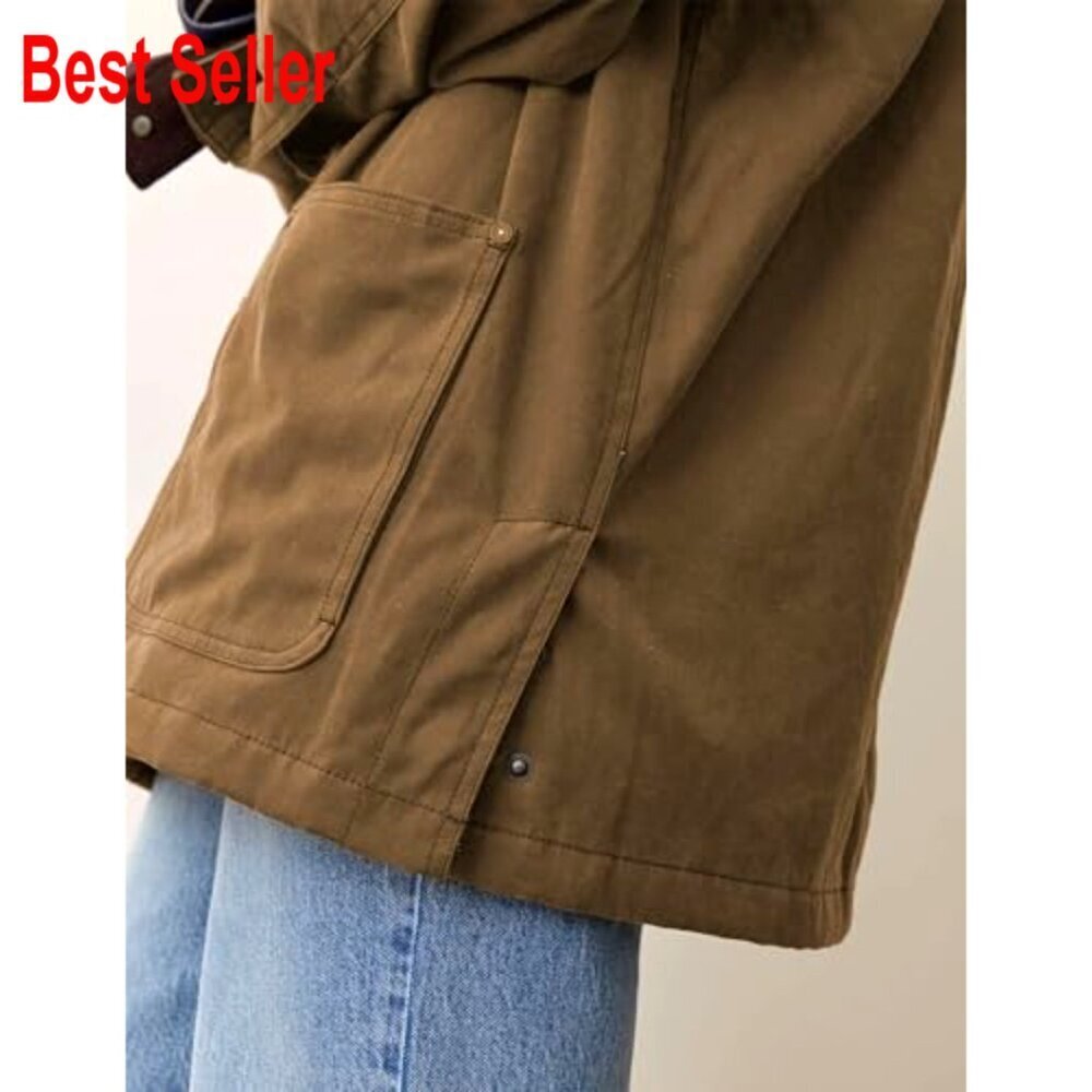 Oversized Utility Barn Jacket Corduroy Collar Vintage Workwear with Pockets - Picture 3 of 7